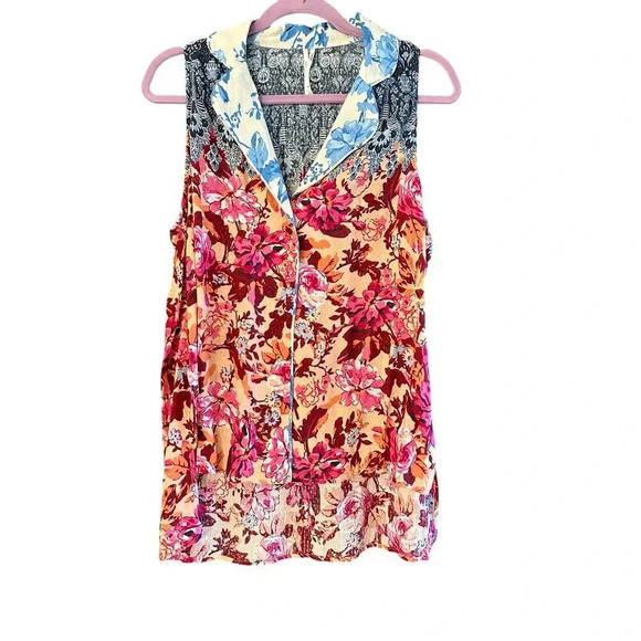 By Anthropologie Pink Combo Floral Print Viscose Button Down Tank Top Size M - Picture 3 of 6